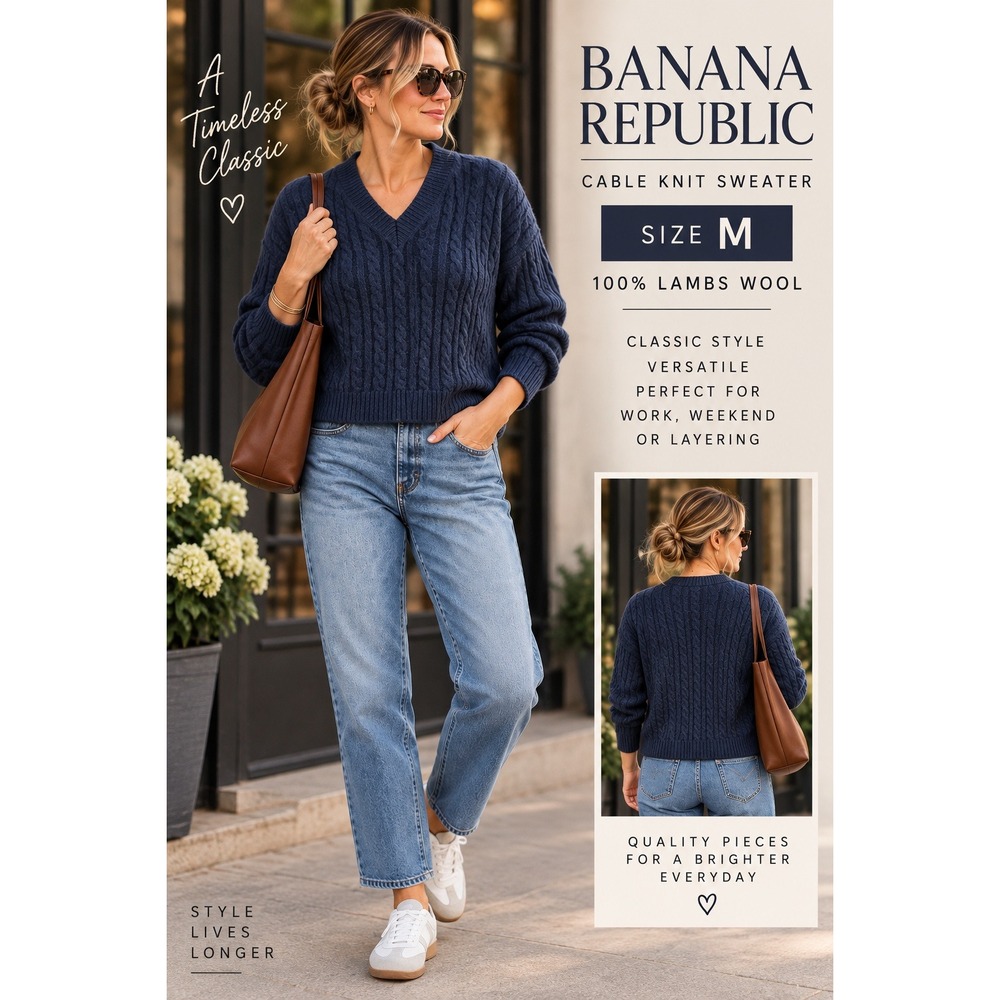 Banana Republic Navy Blue 100% Lambswool Cable Knit V-Neck Sweater Womens Medium